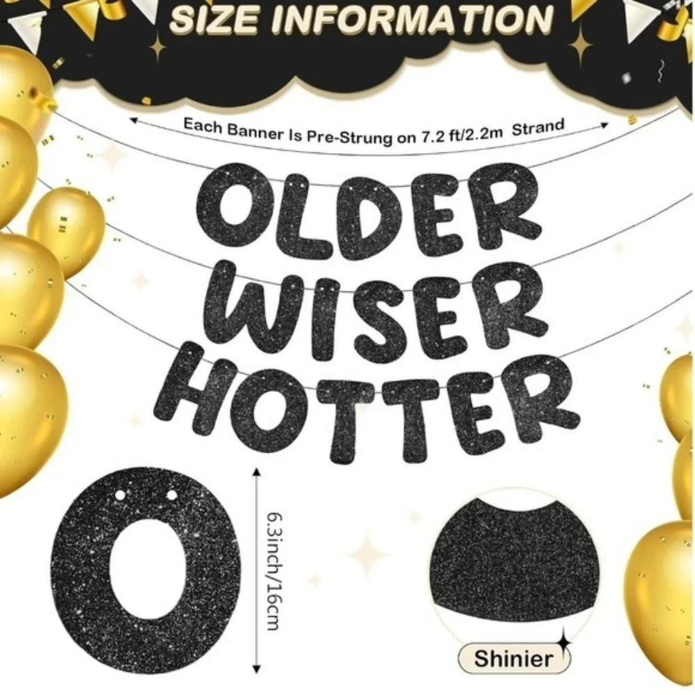 Older Wiser Hotter Black Glitter Birthday Banner Party Sign Decor